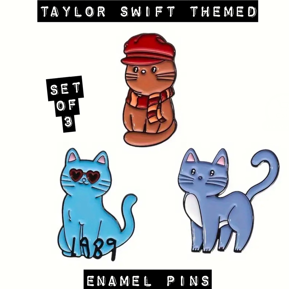 Taylor Swift Themed Enamel Pin Set of 3 Eras as Cats Red, 1989, Rep etc NEW